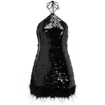 Black sequin halter mini dress with faux fur hem detail — Chic Le Frique | Endless UAE
