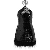 Black sequin halter mini dress with faux fur hem detail — Chic Le Frique | Endless UAE