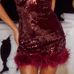 Burgundy sequin halter mini dress with faux fur hem detail — Runaway the label | Endless UAE