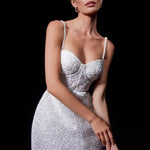 Elegant white embellished mini dress with pearl straps and sweetheart neckline — Nadine Merabi | Endless UAE
