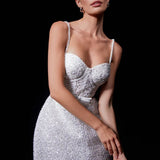Elegant white embellished mini dress with pearl straps and sweetheart neckline — Nadine Merabi | Endless UAE