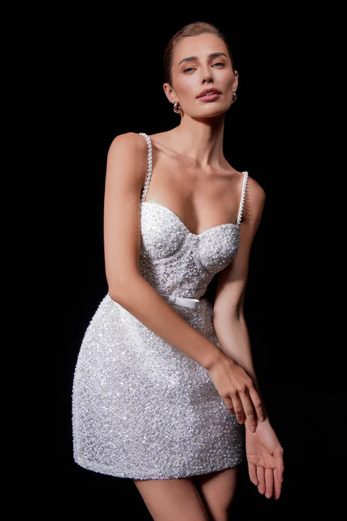 Elegant white embellished mini dress with pearl straps and sweetheart neckline — Nadine Merabi | Endless UAE