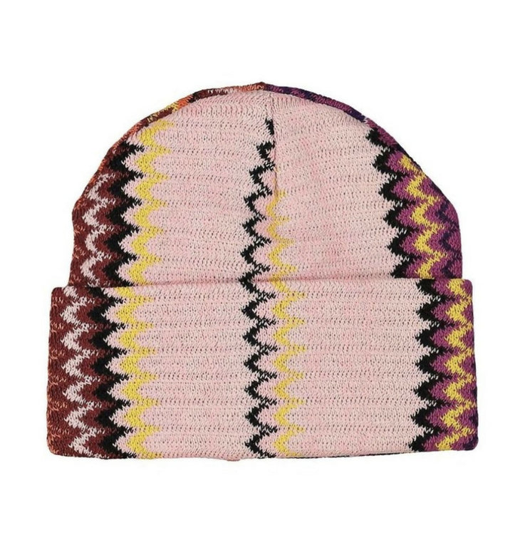 Knitted beanie hat in light pink with multicolored zigzag chevron pattern in yellow, black, burgundy and purple — Missoni | Endless UAE