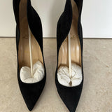 Black suede pointed-toe pumps with cream insoles and tan leather interior — Endless | Endless UAE