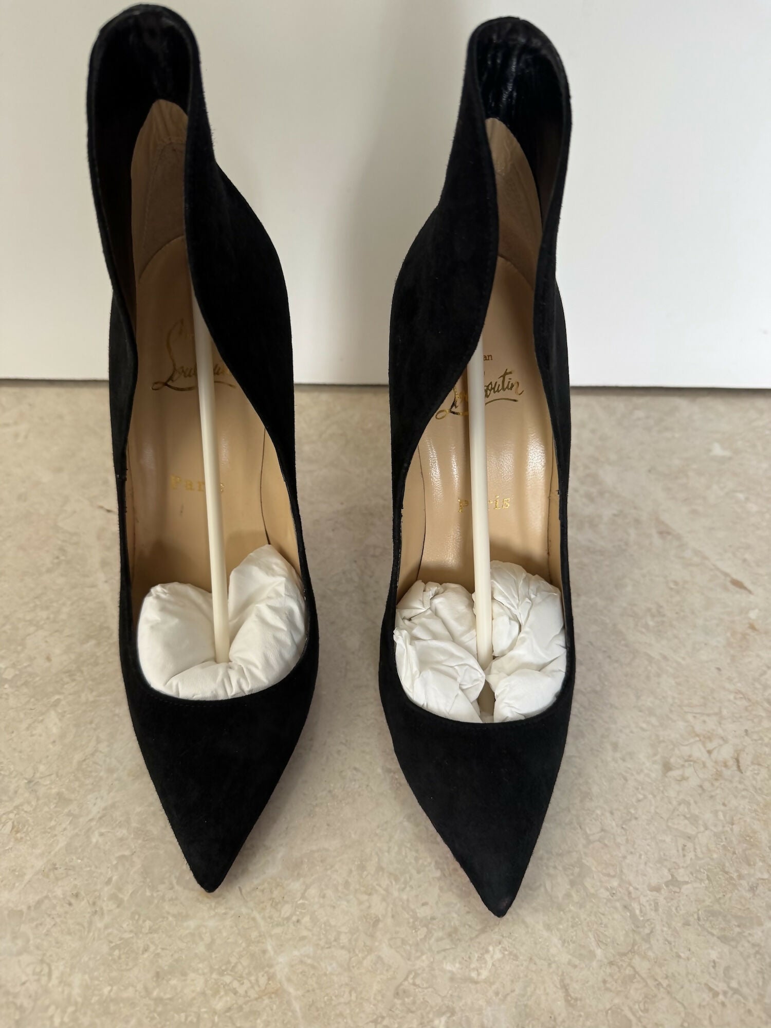 Black suede pointed-toe pumps with cream insoles and tan leather interior — Endless | Endless UAE