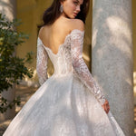 Elegant off-shoulder ball gown wedding dress with long lace sleeves and V-back — Sima Couture | Endless UAE