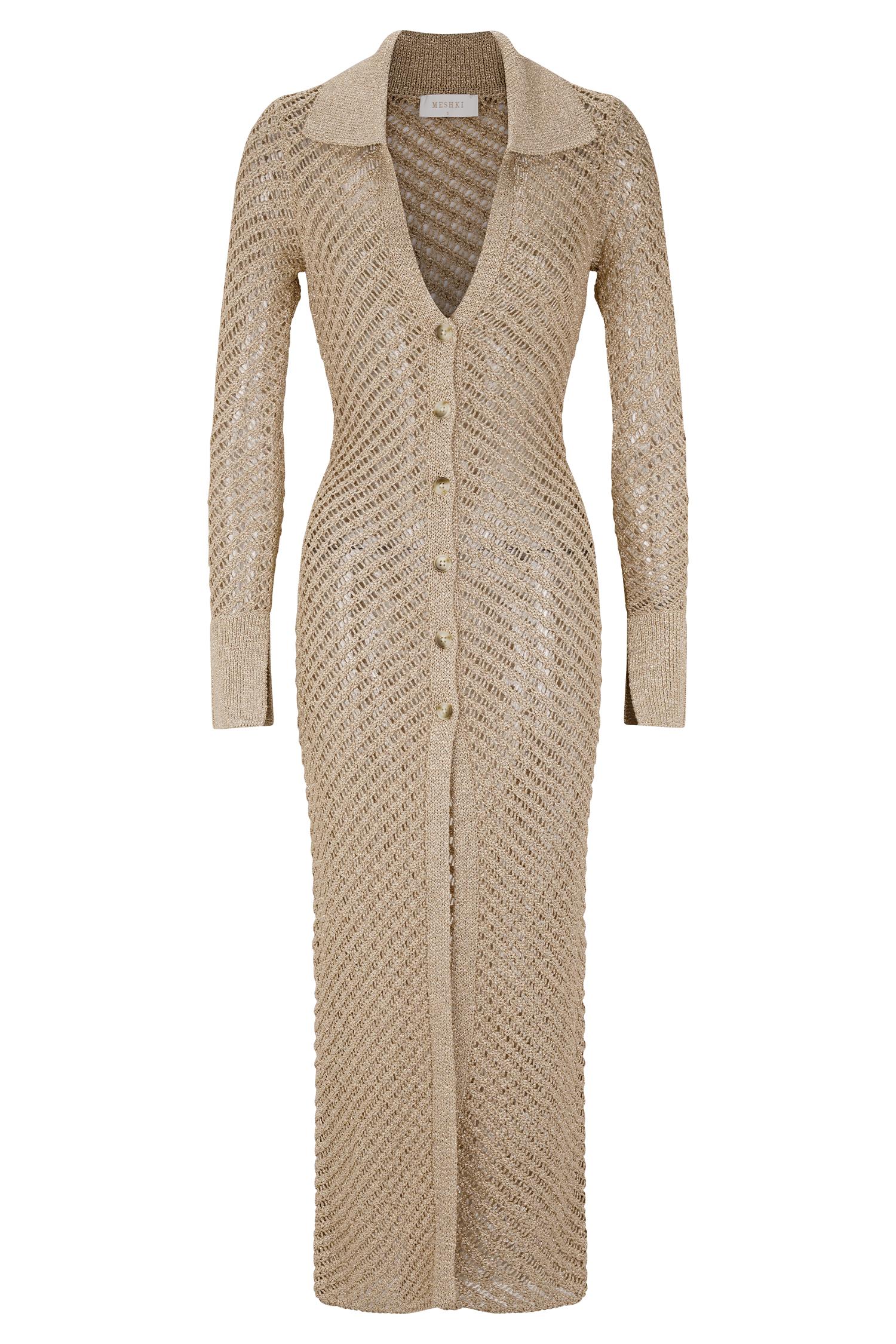 Waverley Metallic Knit Swim Cover Up in beige with long cardigan sleeves — Meshki | Endless UAE