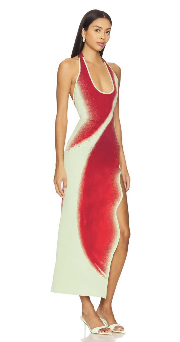 Woman wearing red and cream ombre halter neck maxi dress with side slit and clear heels — ph5 | Endless UAE