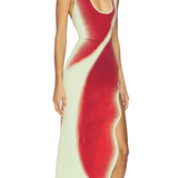 Woman wearing red and cream ombre halter neck maxi dress with side slit and clear heels — ph5 | Endless UAE
