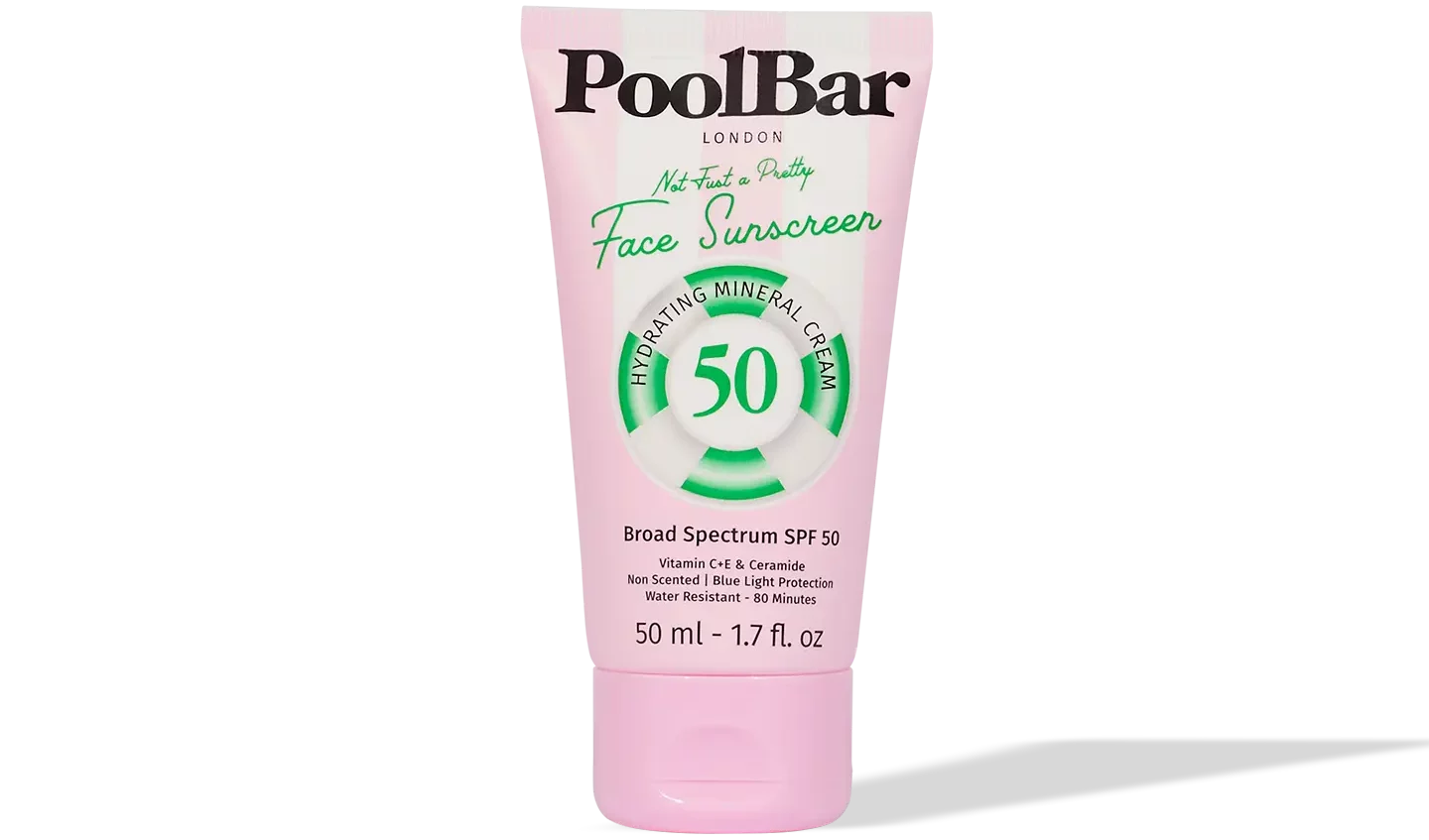 Pink tube of PoolBar London SPF 50 face sunscreen with hydrating mineral formula and blue light protection — PoolBar London | Endless UAE