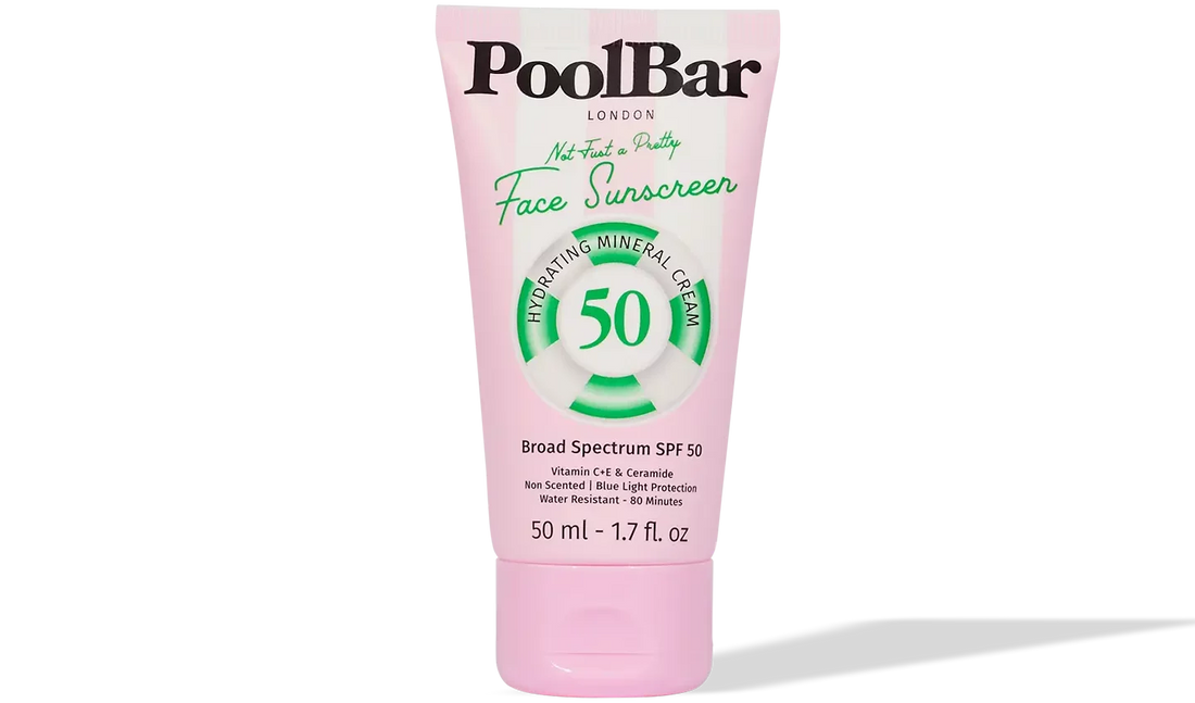 Pink tube of PoolBar London SPF 50 face sunscreen with hydrating mineral formula and blue light protection — PoolBar London | Endless UAE