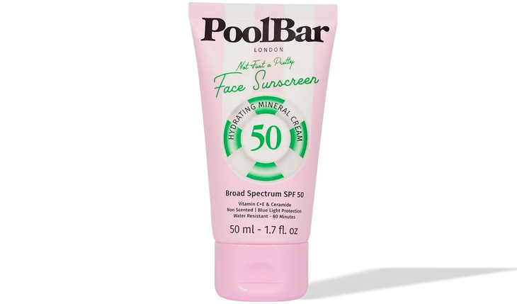 Pink tube of PoolBar London SPF 50 face sunscreen with hydrating mineral formula and blue light protection — PoolBar London | Endless UAE