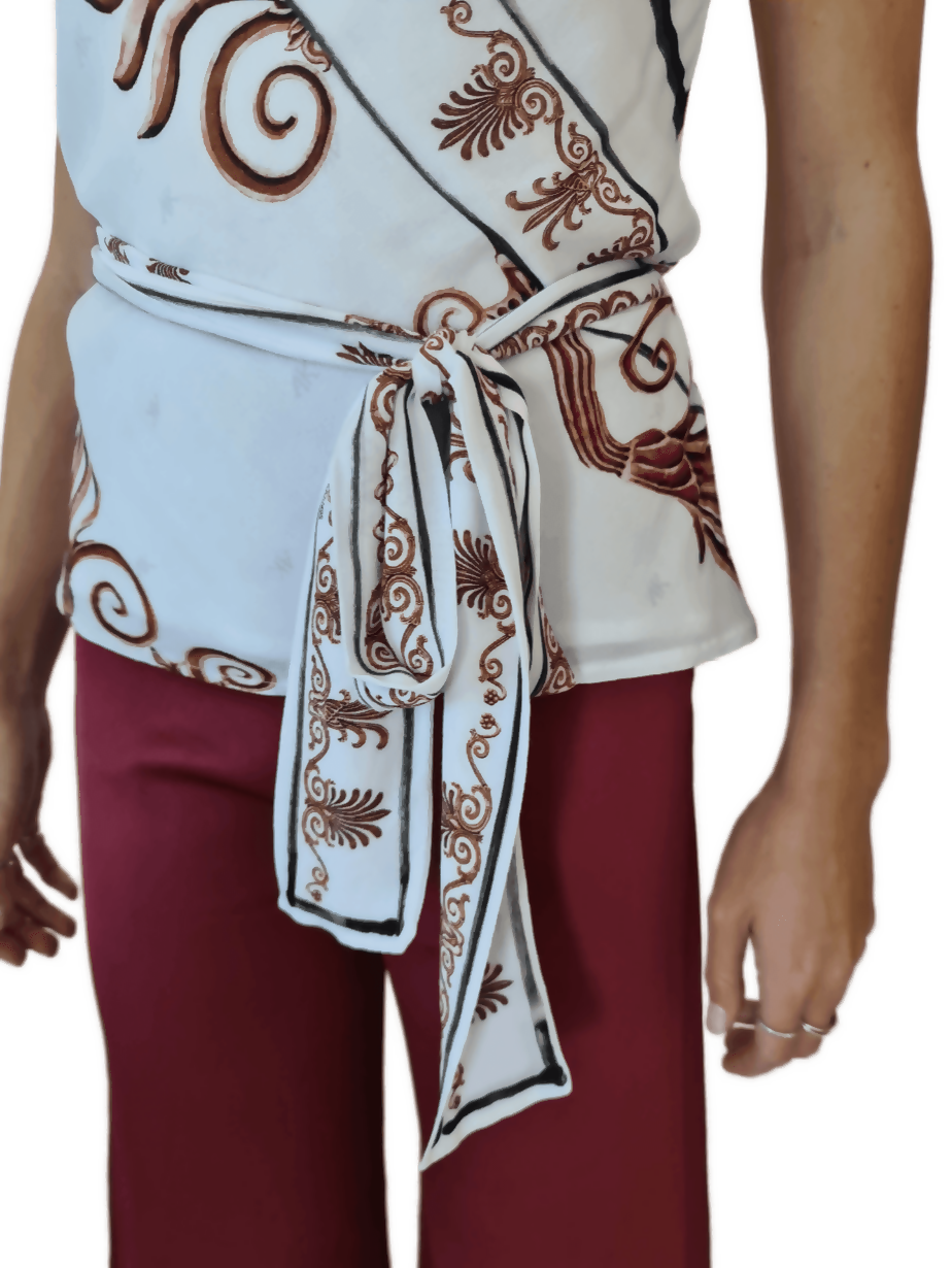 One shoulder white top with brown ornate print and black trim details — Ancient Kallos | Endless UAE