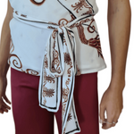 One shoulder white top with brown ornate print and black trim details — Ancient Kallos | Endless UAE