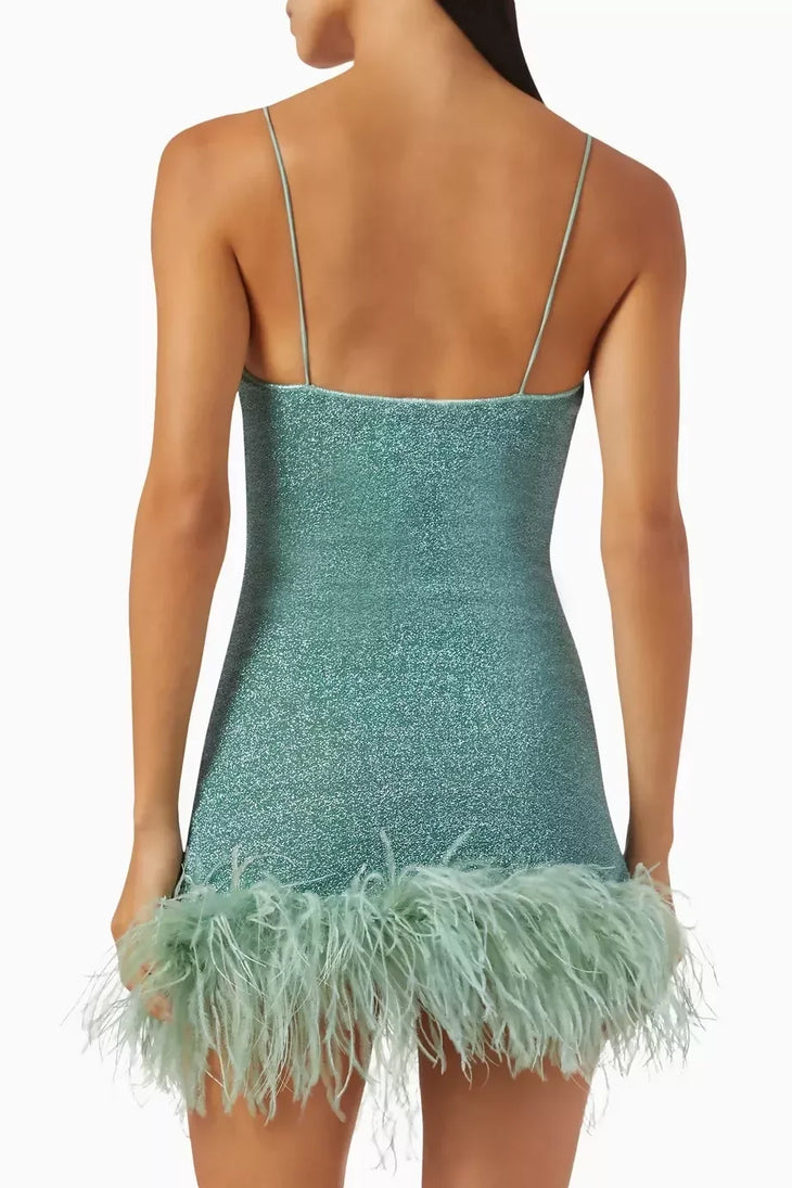 Lumière Plumage feather-trimmed mini dress in shimmering lurex-blend sage green — Oseree | Endless UAE