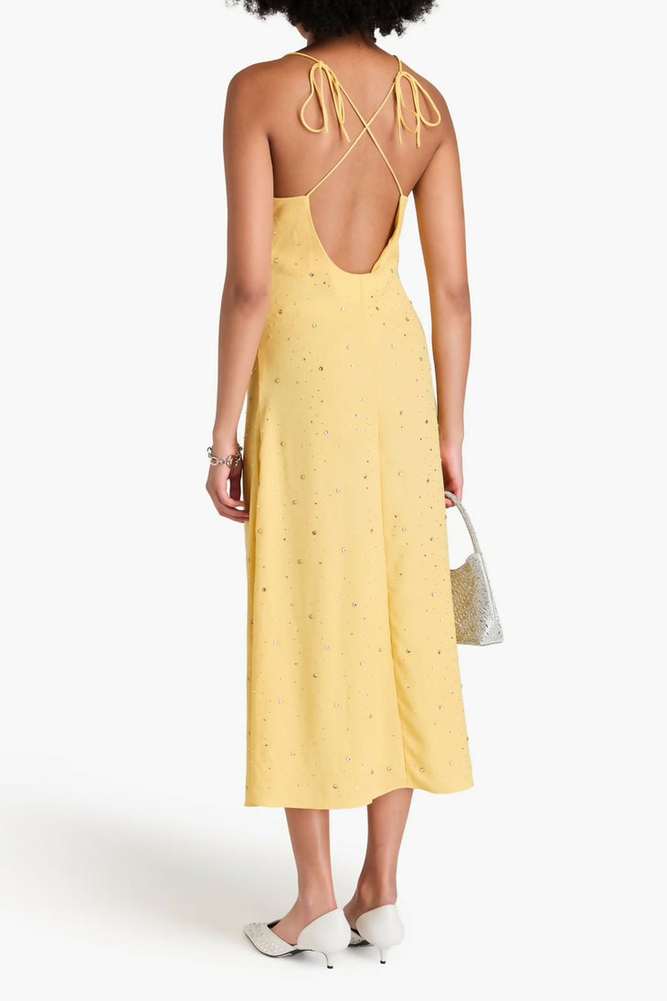 Yellow crystal-embellished ruched crepe midi dress with camisole straps — Sandro | Endless UAE