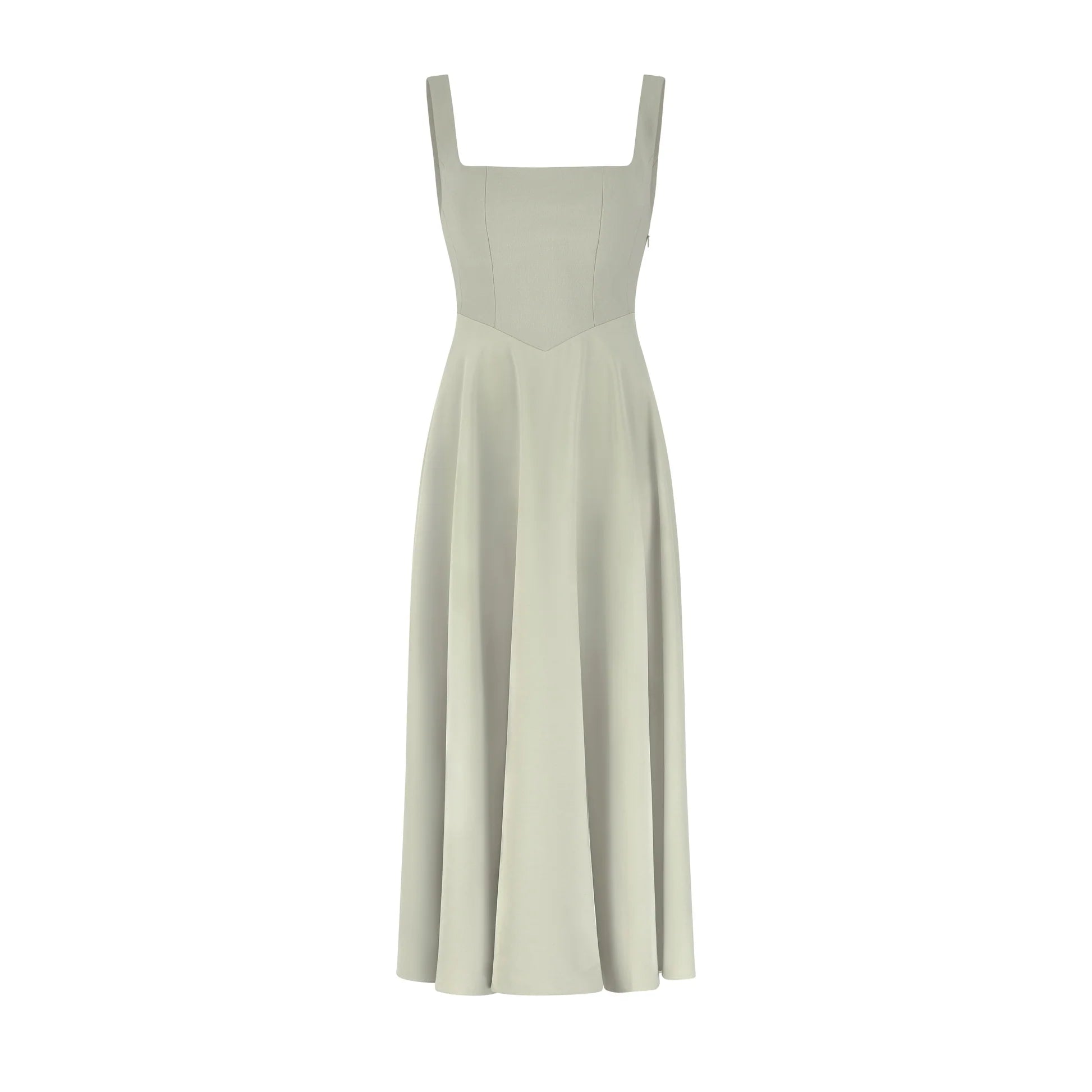 Woman wearing sage green square neck midi dress with pleated skirt and white slide sandals — Odd Muse | Endless UAE