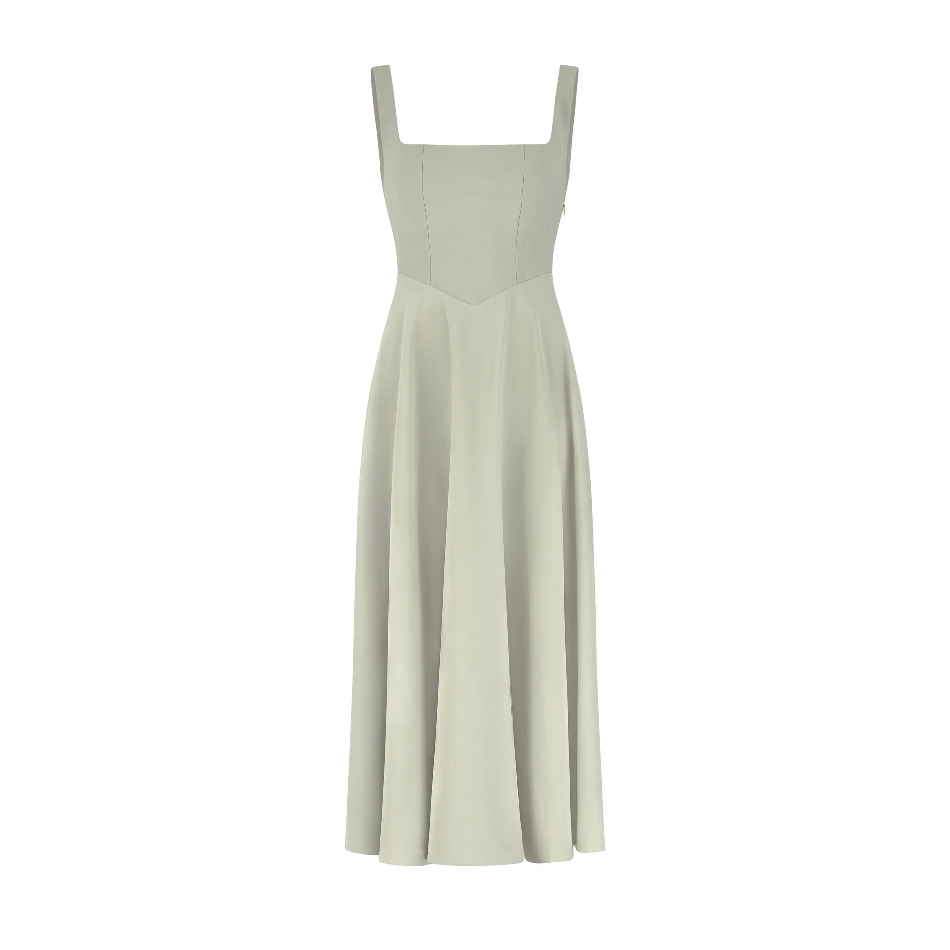 Woman wearing sage green square neck midi dress with full skirt and pockets — Odd Muse | Endless UAE