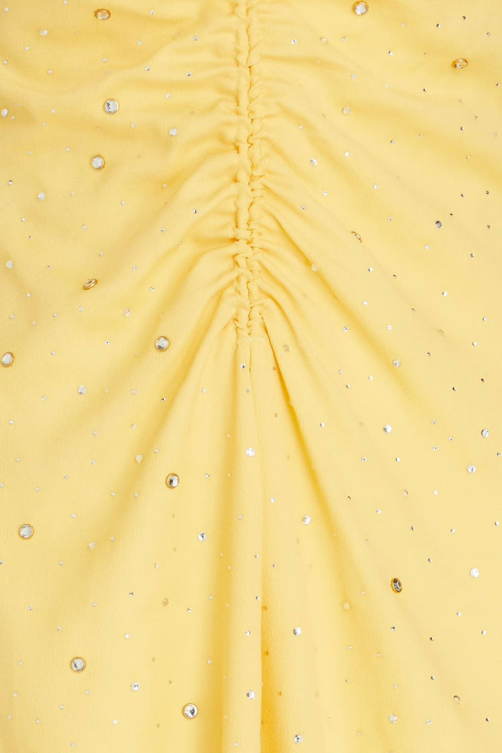 Yellow crystal-embellished ruched crepe midi dress with camisole straps — Sandro | Endless UAE