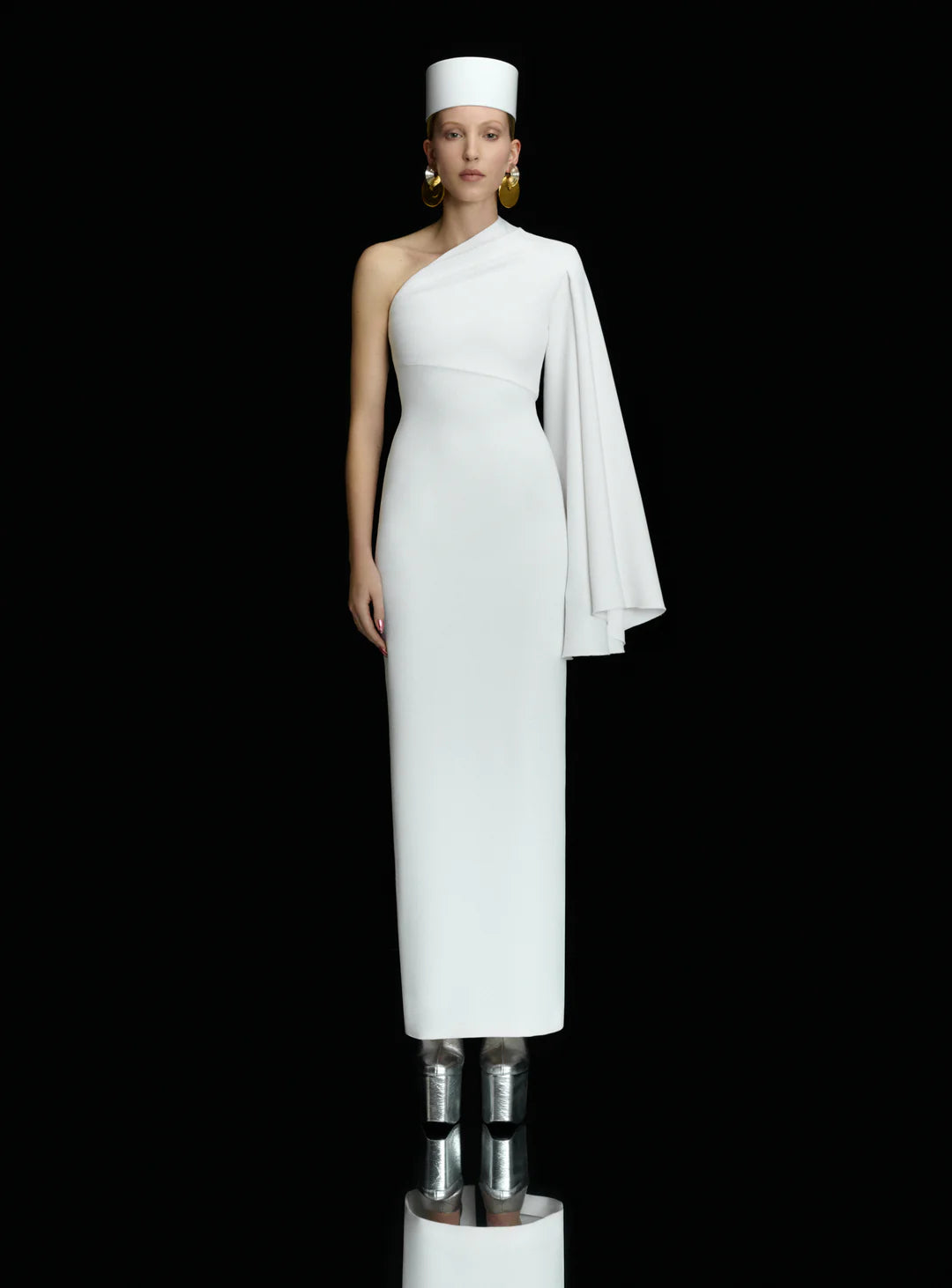 Elegant white one-shoulder maxi dress with asymmetric draped sleeve and fitted silhouette — Solace London | Endless UAE