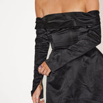 Black satin off-shoulder mini dress with long sleeves and cinched waist — Odd Muse | Endless UAE