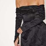 Black satin off-shoulder mini dress with long sleeves and cinched waist — Odd Muse | Endless UAE