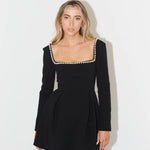Black mini dress with pearl-trimmed square neckline and long sleeves — Odd Muse | Endless UAE