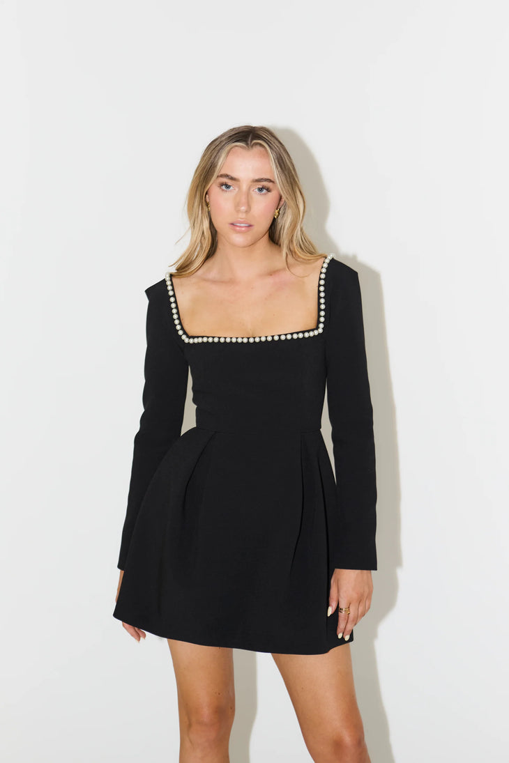 Black mini dress with pearl-trimmed square neckline and long sleeves — Odd Muse | Endless UAE