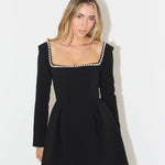 Black mini dress with pearl-trimmed square neckline and long sleeves — Odd Muse | Endless UAE