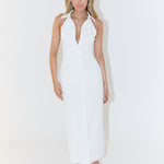 White sleeveless halter maxi dress with plunging neckline and collar detail, fitted silhouette — Odd Muse | Endless UAE