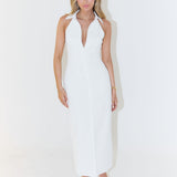 White sleeveless halter maxi dress with plunging neckline and collar detail, fitted silhouette — Odd Muse | Endless UAE