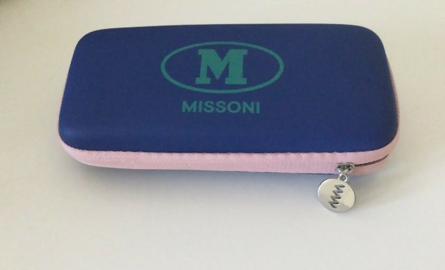 Navy blue Missoni sunglasses case with pink trim and silver logo charm zipper pull — Missoni | Endless UAE