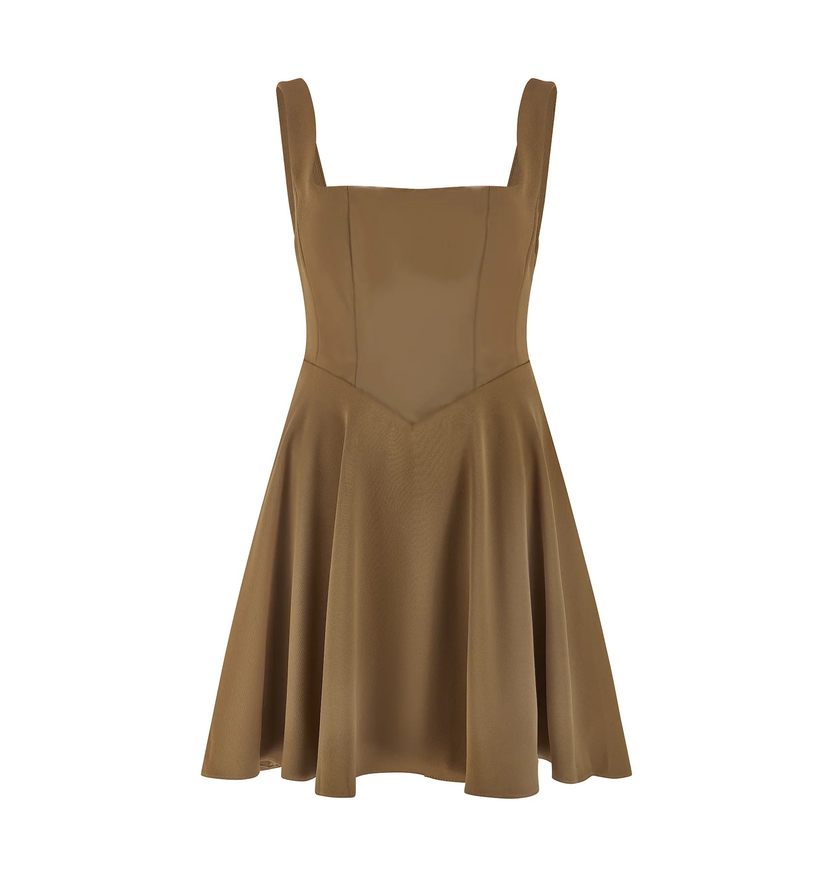 Woman wearing tan square neck mini dress with white strappy heels — Odd Muse | Endless UAE