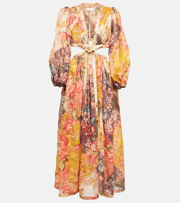 Floral print maxi dress with cutout waist detail, puffed long sleeves, and flowing skirt in pink, yellow and brown tones — Zimmermann | Endless UAE