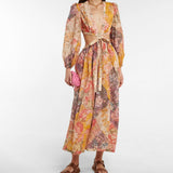 Floral Print Long Sleeve Cutout Cotton Maxi Dress