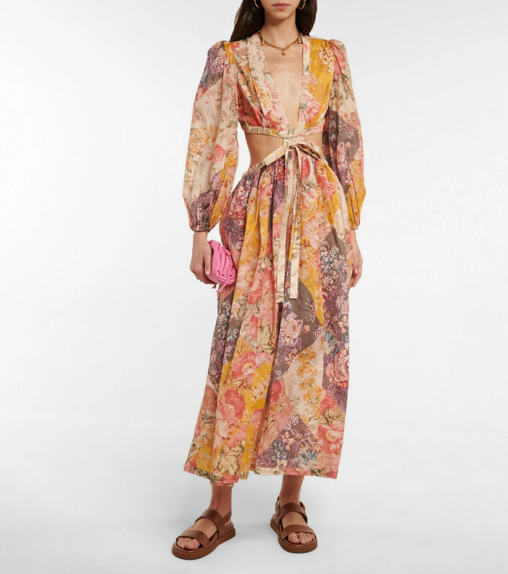 Floral print cotton maxi dress with cutout waist, long sleeves, and tie detail in pink, yellow and beige tones — Zimmermann | Endless UAE