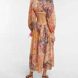 Floral Print Long Sleeve Cutout Cotton Maxi Dress