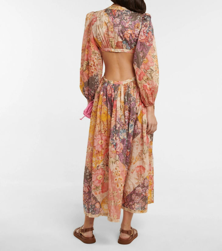Floral print cotton maxi dress with cutout back and long sleeves in multicolor — Zimmermann | Endless UAE