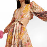 Floral Print Long Sleeve Cutout Cotton Maxi Dress