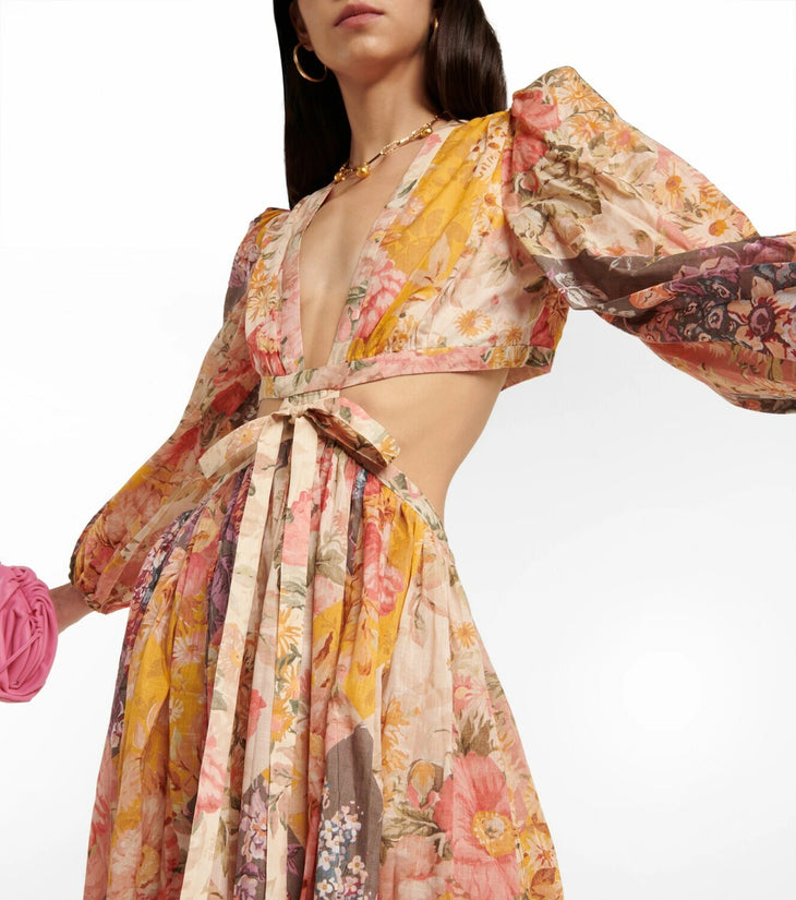 Floral print cotton maxi dress with cutout waist, deep V-neck, puff sleeves, and flowing skirt — Zimmermann | Endless UAE