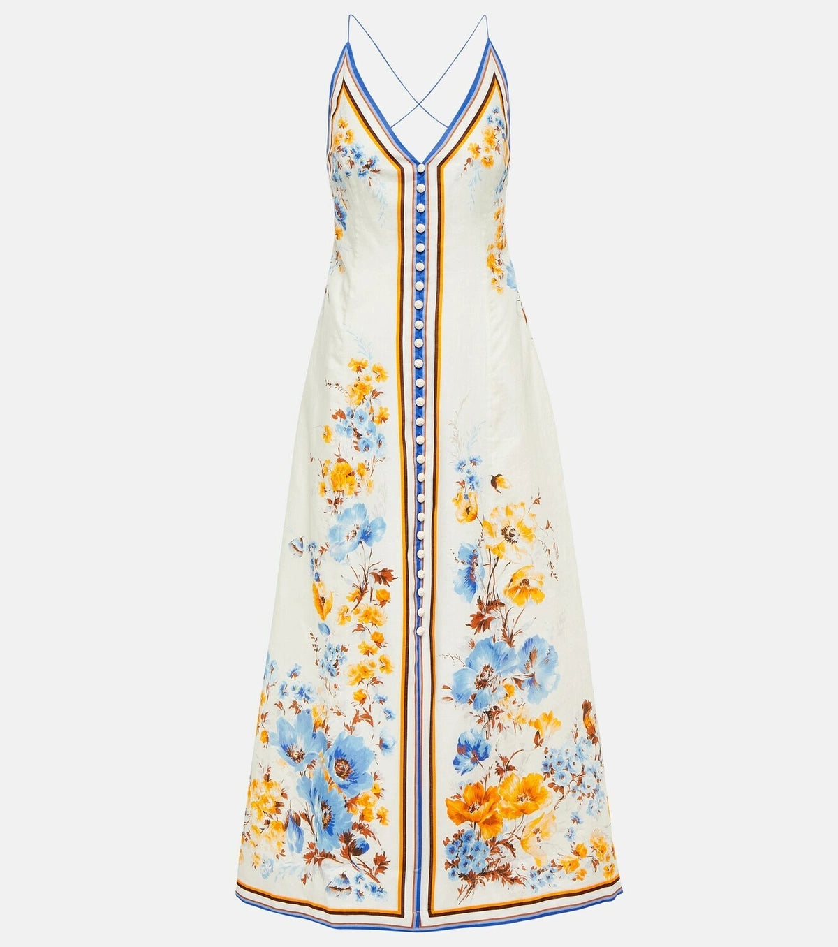 Woman wearing a floral printed white linen midi dress with blue and yellow trim — Zimmerman | Endless UAE