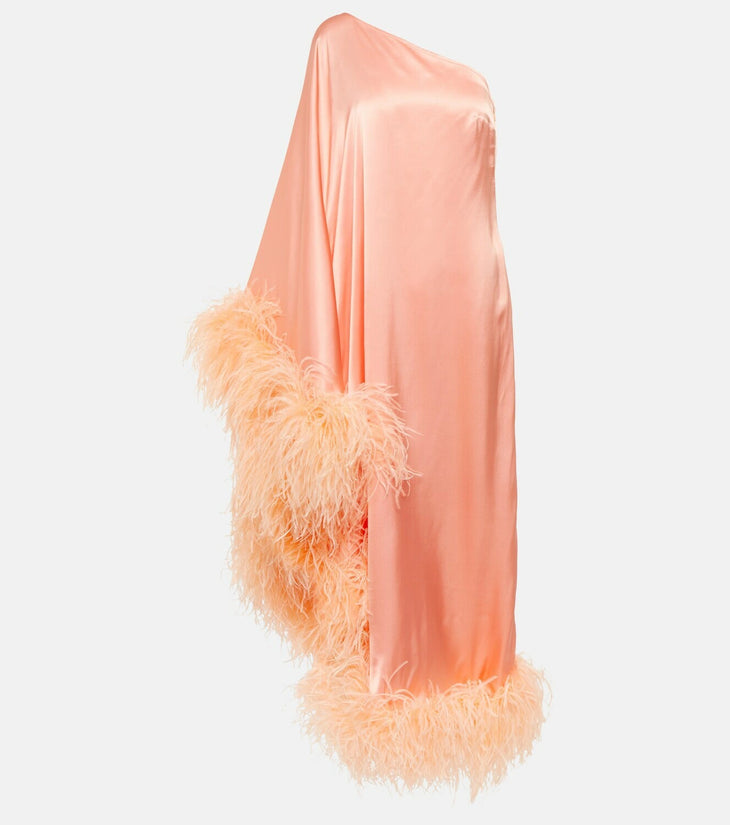 Peach silk one-shoulder maxi dress with feather trim and silver clutch — Taller Marmo | Endless UAE