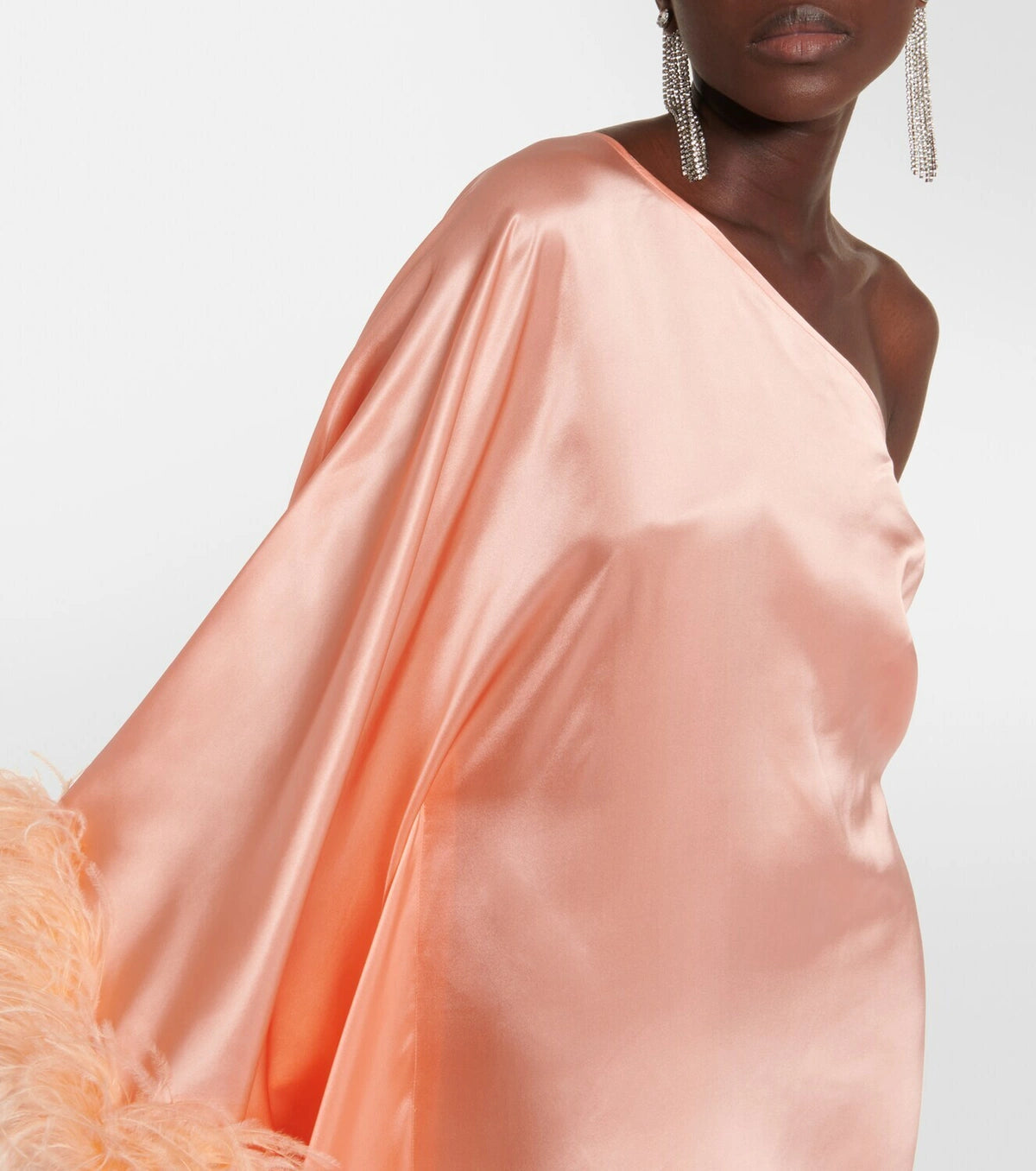 Peach silk one-shoulder maxi dress with feather trim and silver clutch — Taller Marmo | Endless UAE