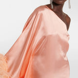 Peach silk one-shoulder maxi dress with feather trim and silver clutch — Taller Marmo | Endless UAE