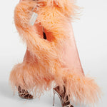 Peach silk one-shoulder maxi dress with feather trim and silver clutch — Taller Marmo | Endless UAE