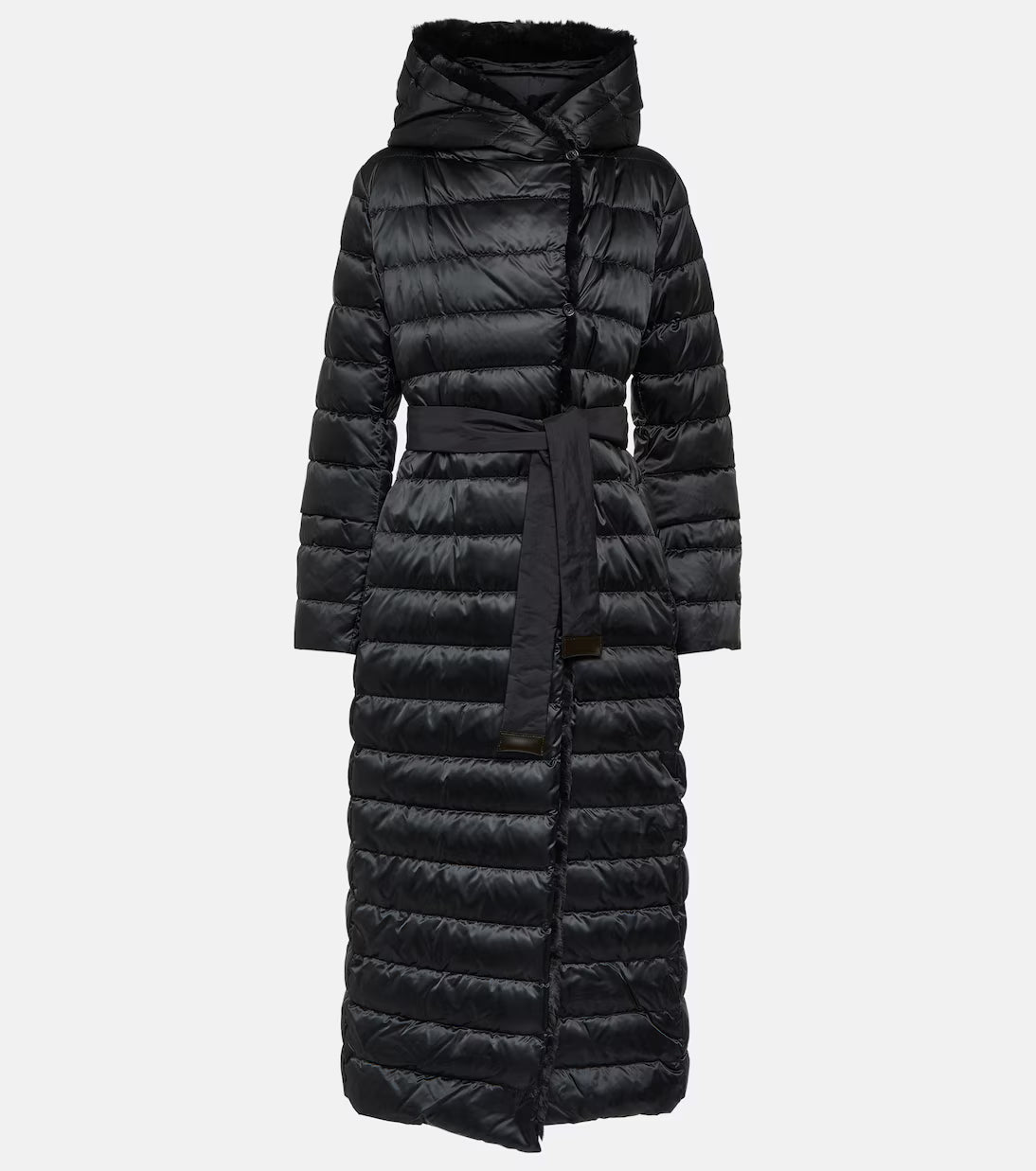 Black quilted down coat with hood and belt tie waist, full-length design — Max Mara | Endless UAE