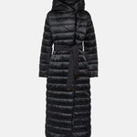 Black quilted down coat with hood and belt tie waist, full-length design — Max Mara | Endless UAE