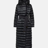 Black quilted down coat with hood and belt tie waist, full-length design — Max Mara | Endless UAE
