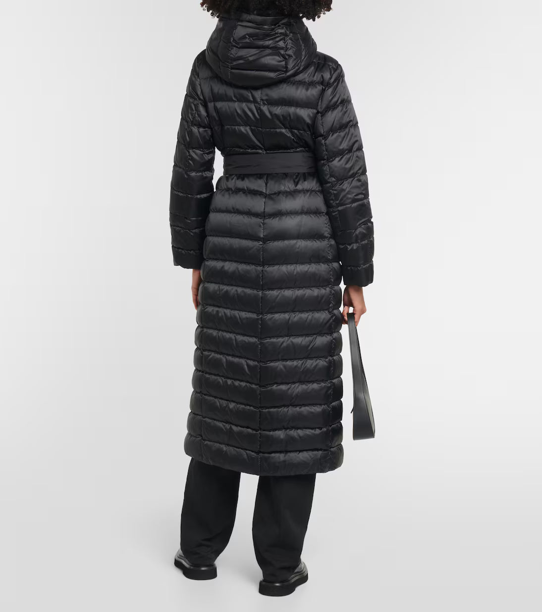 Black quilted down coat with hood and belt, knee-length design, shown from back — Max Mara | Endless UAE