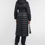 Black quilted down coat with hood and belt, knee-length design, shown from back — Max Mara | Endless UAE